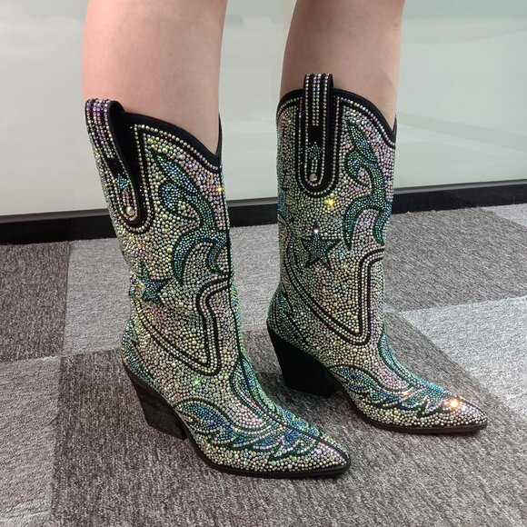 Women's Blue-green Multi-color Patterned Rhinestone Western Cowboy Mid-calf Boot - Picture 2 of 9